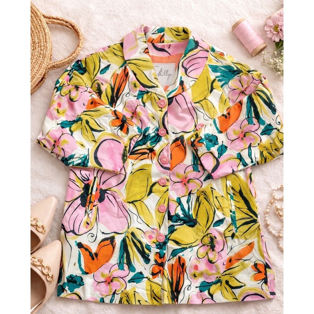 Milly of New York Floral Coat Sz 2 Designer Pink Yellow Spring Jacket Overcoat